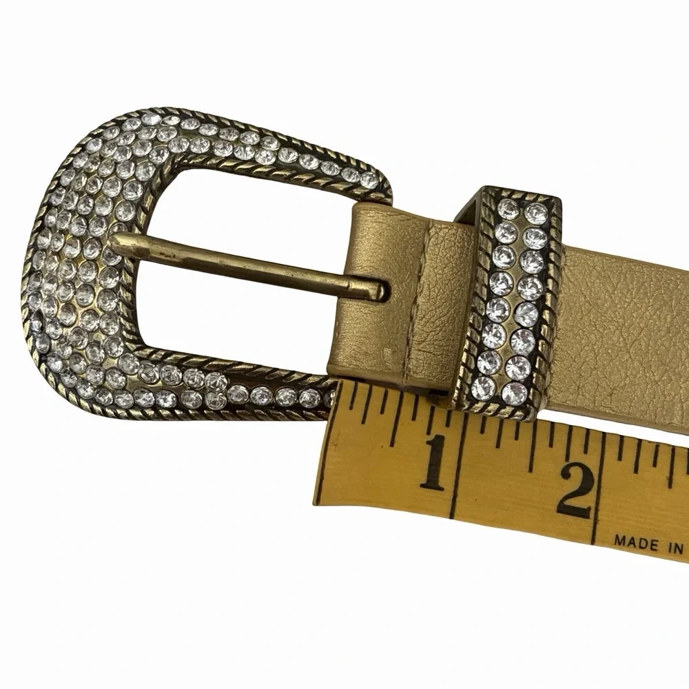 Gold Western Cowgirl Belt Studded Rhinestone Leather Crystals Sz L Rodeo Country